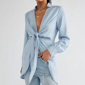 Free People Worlds Apart Chambray Tunic Top Womens Medium